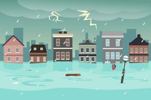 Flut Katastrophe im Stadt, Dorf mit Regen und Sturm. überflutet Gebäude. Klima ändern. Vektor Illustration.