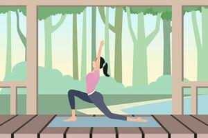 ein jung Frau im Sportbekleidung Stehen im Yoga Pose auf Terrasse mit Bäume im Hintergrund. Vektor Illustration.