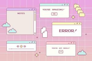 y2k Schnittstelle retro Browser Computer Fenster einstellen Pastell- Retrowave pc Desktop mit Botschaft Kisten und aufpoppen Benutzer Schnittstelle Elemente ux ui Vektor
