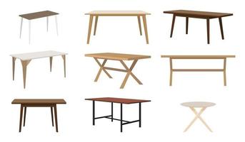 moderner, süßer, schöner Home-Office- und Outdoor-Holztisch in unterschiedlicher Form für Freiberufler mit verschiedenen Posen und Positionen isoliert vektor