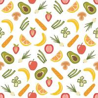 sömlös mönster med frukt och grönsaker i hand dragen stil. platt illustrationer isolerat på vit. klotter äpple, broccoli, avokado. vektor