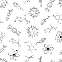 nahtlos Vektor einfarbig Muster mit Wissenschaft und Bildung Linie Illustrationen. Gliederung Skizzen auf Weiß Hintergrund. Chemie, Biologie Gekritzel.