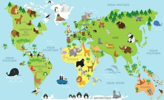 komisch Karikatur Welt Karte im Französisch mit traditionell Tiere von alle das Kontinente und Ozeane. Vektor Illustration zum Vorschule Bildung und Kinder Design