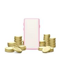 Handy, Mobiltelefon Telefon und golden Münze Stapel isoliert auf Weiß Hintergrund. Kasse zurück oder online Bankwesen Konzept. Vektor Illustration