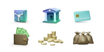 klara av pengar realistisk 3d ikoner. Bank byggnad och påsar med pengar kreditera kort och mynt stackar kassaskåp. uppkopplad bank eller Bank tjänster ikoner uppsättning. vektor illustration