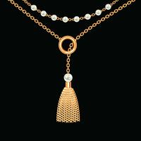 Hintergrund mit goldener metallischer Halskette. Quaste, Perlen und Ketten. Auf schwarz. Vektor-Illustration