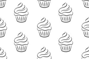 sömlös mönster, linjär silhuetter av cupcakes, linje konst på en vit bakgrund. ljuv desserter. mat bakgrund, vektor