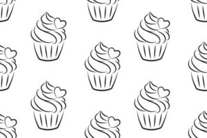 nahtlos Muster, linear Silhouetten von Cupcakes, Linie Kunst auf ein Weiß Hintergrund. Süss Nachspeisen. Essen Hintergrund, Vektor