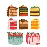 uppsättning av födelsedag kaka skiva, hallon och jordgubb mousse kakor klistermärke samling vektor illustration. Lycklig födelsedag fest vektor element