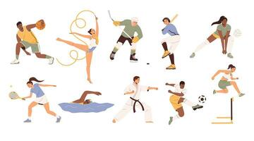 Sportler Satz. Basketball, Tennis, Fußball und Fußball, Volleyball, Eishockey und Baseball Spieler, Gymnastik, Karate, Hürdenläufer Läufer und Schwimmer. eben Vektor Illustration isoliert auf Weiß Hintergrund