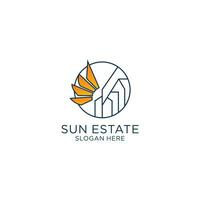 Sonne Nachlass Logo Design Vorlage. Vektor echt Nachlass Gebäude Symbol unterzeichnen. Solar- Haus Symbol Emblem im Kreis. Sonnenschein Gehäuse Etikette Illustration Hintergrund.