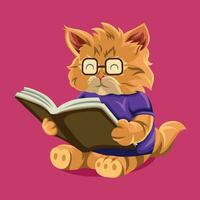 Lycklig katt med glasögon studerar med en bok, vektor illustration, rosa bakgrund