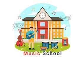 Musik- Schule Vektor Illustration mit spielen verschiedene Musical Instrumente, Lernen Bildung Musiker und Sänger im eben Kinder Karikatur Hintergrund