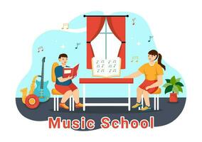 Musik- Schule Vektor Illustration mit spielen verschiedene Musical Instrumente, Lernen Bildung Musiker und Sänger im eben Kinder Karikatur Hintergrund