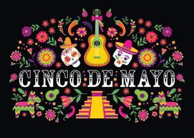 cinco de mayo-maj 5: e typografi banner vektor. mexikansk design för fiesta -kort eller festinbjudan, affisch. blommor traditionell mexikansk ram med blommiga bokstäver på svart bakgrund. vektor