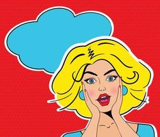 junge sexy glückliche überraschte blonde Frau mit offenem Mund zeigt ok Zeichen und Sprechblase. Vektor handgezeichneten bunten Hintergrund im Retro-Comic-Stil der Pop-Art.