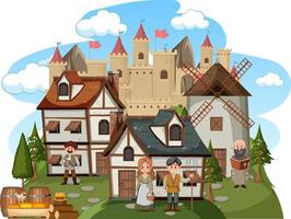 medeltida by med bybor på vit bakgrund vektor