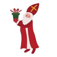 saint nicholas - sinterklaas - holländska jultomten - gammal man med skägg i röd mantel och gerning med gåva. söt vektor jul barn karaktär i enkel handritad stil