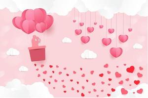liebe und valentinstag, liebhaber stehen auf den wiesen und ein herzförmiger papierkunstballon schwebt in den himmel. handwerklichen Stil. vektor
