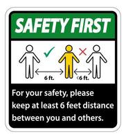 Sicherheit halten Sie zuerst einen Abstand von 6 Fuß ein. Halten Sie zu Ihrer Sicherheit einen Abstand von mindestens 6 Fuß zwischen Ihnen und anderen Personen ein. vektor