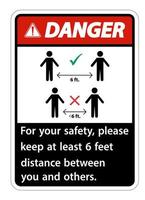 Gefahr Halten Sie einen Abstand von 6 Fuß ein. Halten Sie zu Ihrer Sicherheit einen Abstand von mindestens 6 Fuß zwischen Ihnen und anderen Personen ein. vektor