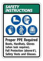 säkerhetsanvisningar tecknar rätt ppe erforderliga stövlar, mössor, handskar när uppgiften kräver fallskydd med ppe -symboler vektor