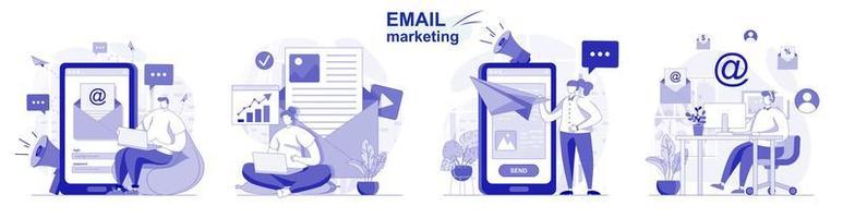 E-Mail-Marketing isoliert im flachen Design. Leute senden Werbemailings, Geschäftsförderung, Sammlung von Szenen. Vektorgrafik für Blogging, Website, mobile App, Werbematerialien. vektor