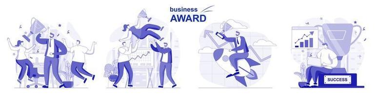 Business Award isoliert im flachen Design. Leute feiern den Sieg, bekommen Pokale, gewinnen Trophäen, Erfolgssammlung von Szenen. Vektorgrafik für Blogging, Website, mobile App, Werbematerialien. vektor