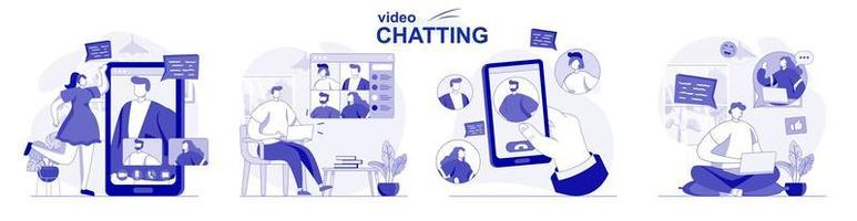 videochatt isolerad uppsättning i platt design. människor chattar med vänner online med hjälp av videosamtal app, samling av scener. vektor illustration för bloggning, webbplats, mobilapp, reklammaterial.