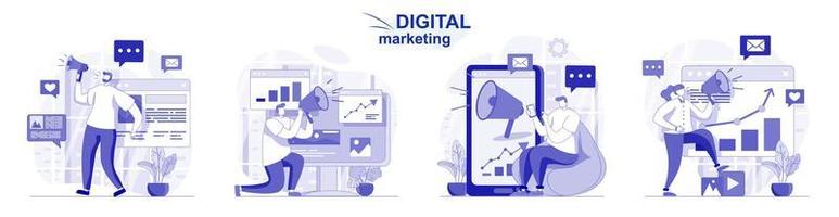 Digitales Marketing isoliert im flachen Design. Menschen gewinnen neue Kunden und Online-Werbung, Sammlung von Szenen. Vektorgrafik für Blogging, Website, mobile App, Werbematerialien. vektor