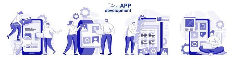 App-Entwicklung isoliert im flachen Design. Menschen programmieren und entwickeln Software für die Sammlung von Szenen für Mobiltelefone. Vektorgrafik für Blogging, Website, mobile App, Werbematerialien. vektor