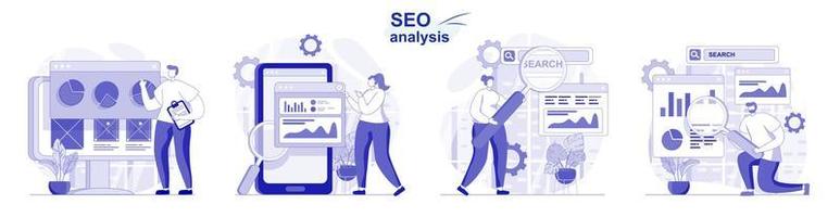 seo analys isolerad uppsättning i platt design. människor analyserar webbplatsdata, optimering, utvecklar strateginsamling av scener. vektor illustration för bloggning, webbplats, mobilapp, reklammaterial.