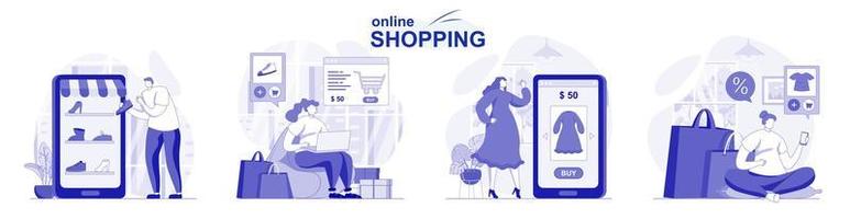 Online-Shopping isoliert im flachen Design. Leute wählen Kleidung und bezahlen Einkäufe vor Ort, Sammlung von Szenen. Vektorgrafik für Blogging, Website, mobile App, Werbematerialien. vektor