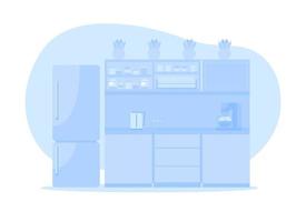 blå företagskök 2d vektor isolerad illustration. skåp med apparat och kylskåp. kontor äta område platt interiör på tecknad bakgrund. matsal färgglada scen