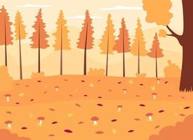 Herbstwald flache Farbvektorillustration. Saisonale Landschaft mit wachsenden Pilzen. Panorama herbstliche Landschaft. Herbstwald 2D-Cartoon-Landschaft ohne Menschen im Hintergrund vektor