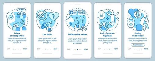 unglückliche Beziehungen Onboarding mobiler App-Seitenbildschirm mit linearen Konzepten vektor