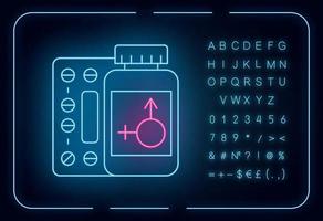 Symbol für das Neonlicht der Hormonersatztherapie. Tabletten für die Wechseljahre. Medikamente für die weibliche Gesundheit. medizinische Hilfe. leuchtendes Schild mit Alphabet, Zahlen und Symbolen. isolierte Vektorgrafik vektor