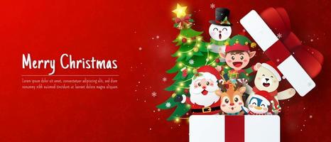 Weihnachtsbanner-Postkarte von Weihnachtsmann und Freund in Geschenkbox vektor