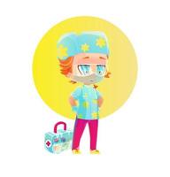 tecknad pojke sjuksköterska karaktär med vaccinlåda. teckning i stil med manga och anime. barnslig tecknad stil i ljusa färger vektor