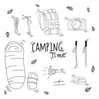 Camping Hand gezeichnet Gekritzel Vektor Illustration. Camping Konzept.