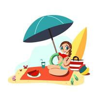 ein waren Bikini Frau auf Ferien Essen Wassermelone beim das Strand im Sommer- allein eben Vektor Illustration glücklich Sommer. Picknick auf das Strand allein.
