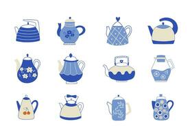 Sammlung mit modern Teekannen im eben Karikatur Stil. vektor