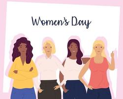 Happy Womens Day Schriftzug Karte mit einer Gruppe von Diversity Girls vektor