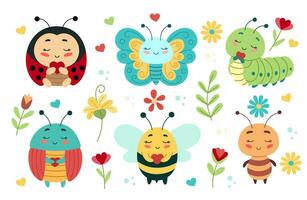 en uppsättning av söt tecknad serie insekter som inkluderar en nyckelpiga, en fjäril, en larv, en skalbagge, en bi, ett myra. vektor illustration för barn och småbarn, bebis