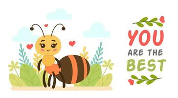 söt tecknad serie insekt myra, vektor illustration för barn bok, inskrift du är de bäst