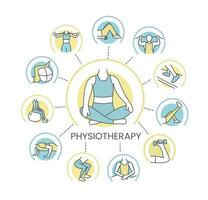 spotten Physiotherapie mit Symbole um ein Person. das Symbole darstellen physisch Übungen mit Hanteln und ein Fitball, Vektor linear Illustration