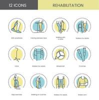 uppsättning av Färg ikoner rehabilitering, vektor illustration vandrare för vuxen, med sockerrör och kryckor, bruten ärm