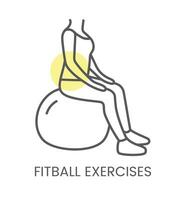 Vektor Symbol Fitball Übungen, zum Physiotherapie und Rehabilitation. linear Illustration