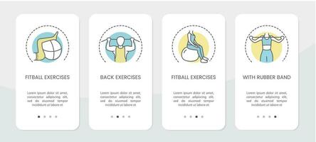 Design zum ein Anwendung mit Vektor Abbildungen von physisch Übungen, Fitball Klassen und mit ein Gummi Band.