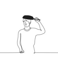 Mann steht mit ein braten schwenken Über seine Kopf - - einer Linie Zeichnung Vektor. das Konzept ist Schlecht beim Kochen, schützen Ihre Kopf vektor